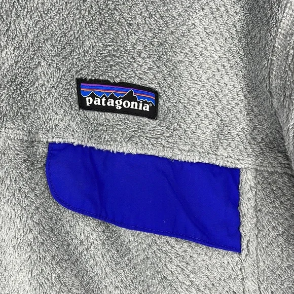 Patagonia gray & blue lined women’s fleece jacket pullover large kangaroo pocket - Picture 3 of 9